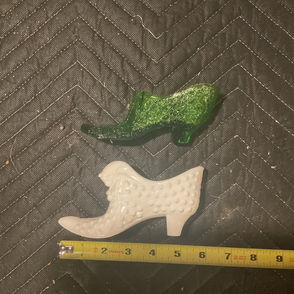 Green and White Glass Shoe Figurines.  Lot of 2 total